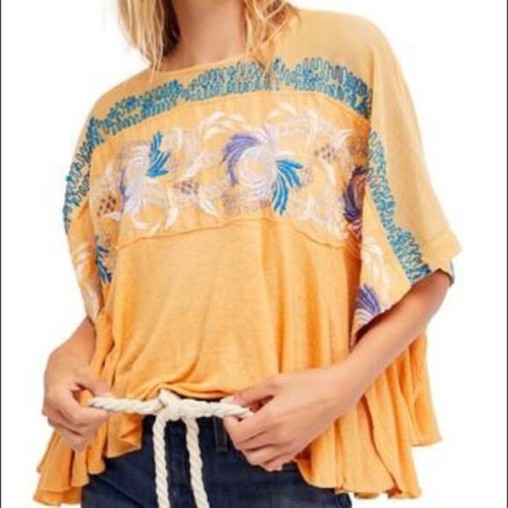 Free people‎ yellow orange embroidered batwing slouch sleeve blouse